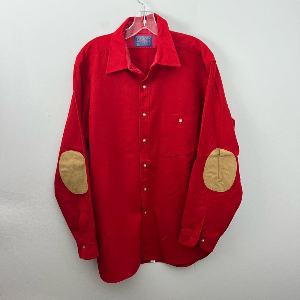 Vintage 90s Pendleton Virgin Wool Men Red Brown Suede Leather Elbow Patch